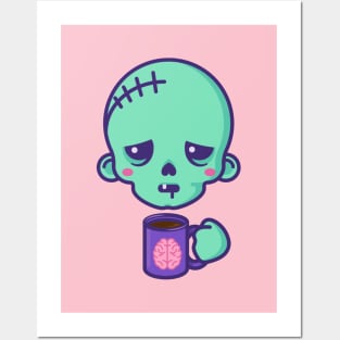 Tired kawaii zombie with brains coffee cup Posters and Art